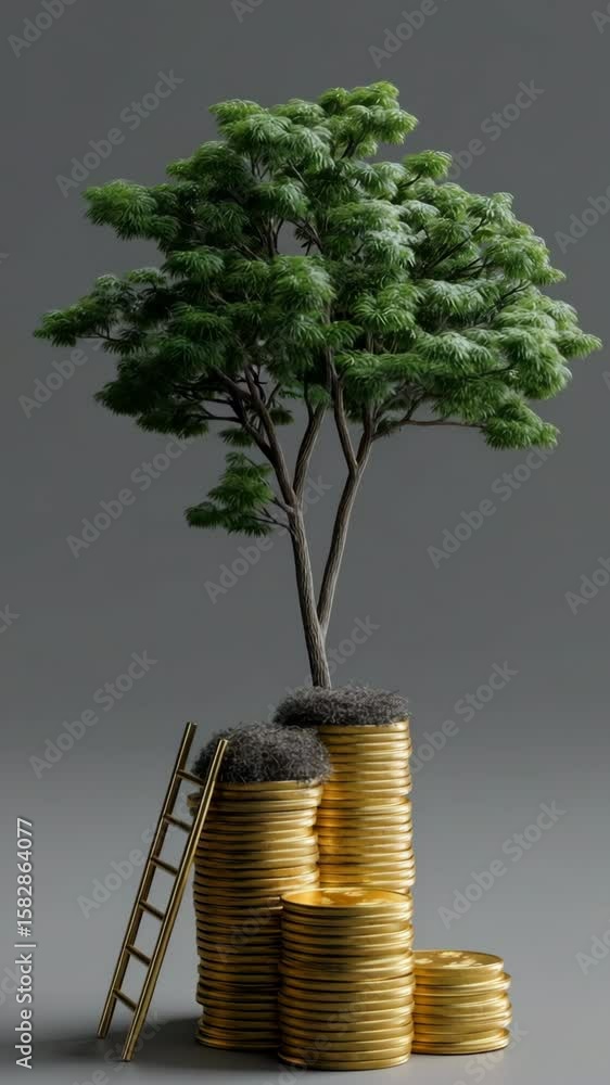 Poster a tree is growing out of a stack of gold coins. the coins are stacked on top of each other, with the