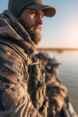 Obraz premium Adventurous Outdoorsman Angling at a Peaceful Lake, Embracing Nature and Enjoying Fishing Hobbies