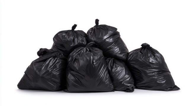 Pile of black garbage bags on white background. Neural network AI generated