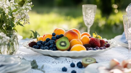 Vibrant summer fruit platter with a mix of fresh peaches, blueberries, and kiwi, elegantly displayed on a white ceramic dish, cozy backyard picnic setup.
