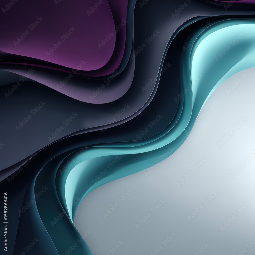 Poster fluid curves in purple and teal blend softly on a gray backdrop, forming an abstract minimal design.