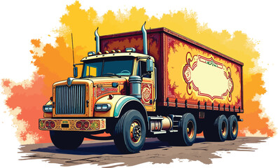 Orange and Yellow Semi-Truck Decorative Trailer and Concept Sketch Vector Art