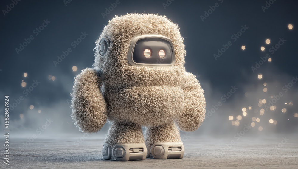 Poster wool robotic assistant mockup in 3d, featuring a fluffy wool surface with futuristic lighting accent