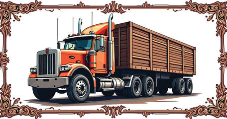 Orange Truck with Wooden Trailer Vintage Contrast and Decorative Sketch Vector Art