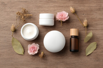 Elegant skincare and beauty product assortment with floral and natural elements on a rustic wooden background for a spa-like aesthetic.