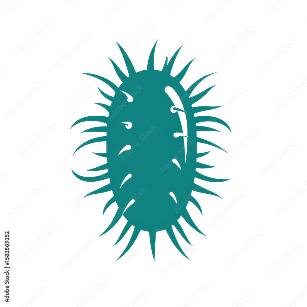 Poster bacteria protect concept. bacteria icon with spiky oval shape and teal color on transparent backgrou
