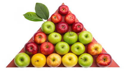Variety of fresh apples arranged in a triangle shape isolated on transparent background