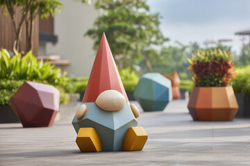 Whimsical, geometric lawn ornaments on a walkway: a colorful, angular gnome with a pointed hat and other polyhedral shapes.