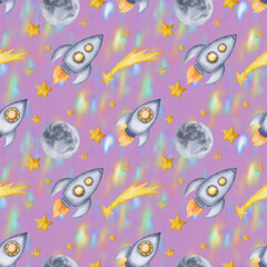 Beautiful pink seamless pattern with space rockets, spaceships, stars, full Moon and nebula, night sky space background. Digital watercolor.Cute for the kids design of clothes, textile, wrappers