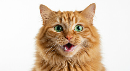 Astonished orange tabby cat with vivid green eyes and a wide open mouth against pure white background expressing surprise