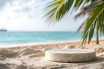 Tropical Beach Scene with Empty Podium on Sand for Product Display