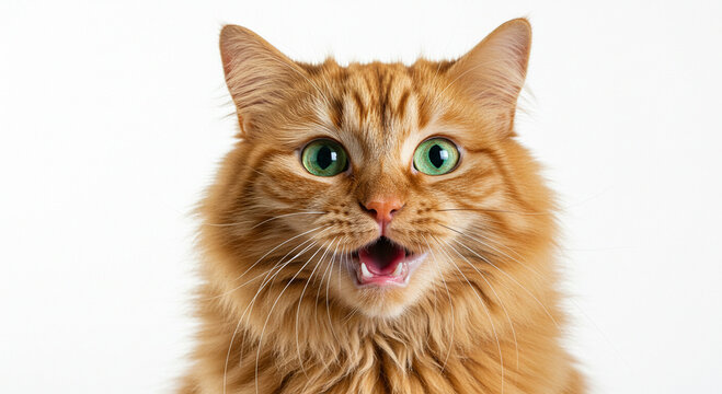 Astonished orange tabby cat with vivid green eyes and a wide open mouth against pure white background expressing surprise - Powered by Adobe