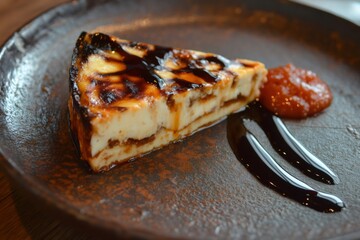 Close up of moussaka slice, featuring layers of flavorful meat and creamy bechamel, drizzled with balsamic glaze and served with tomato sauce on a rustic plate