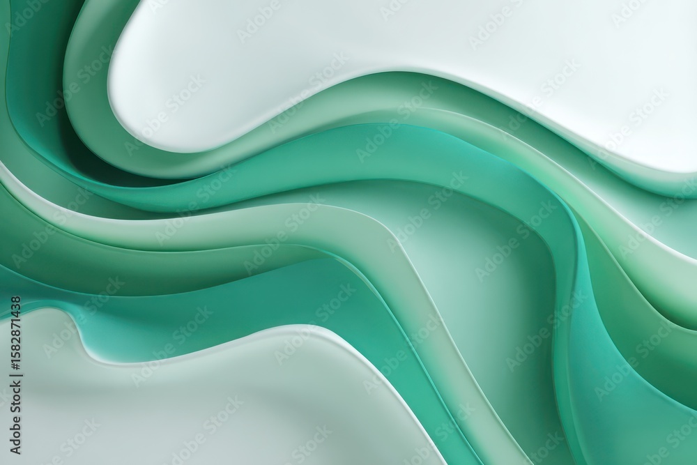 Aufkleber flowing liquid forms in emerald green softly curve across a white backdrop, creating a peaceful abst