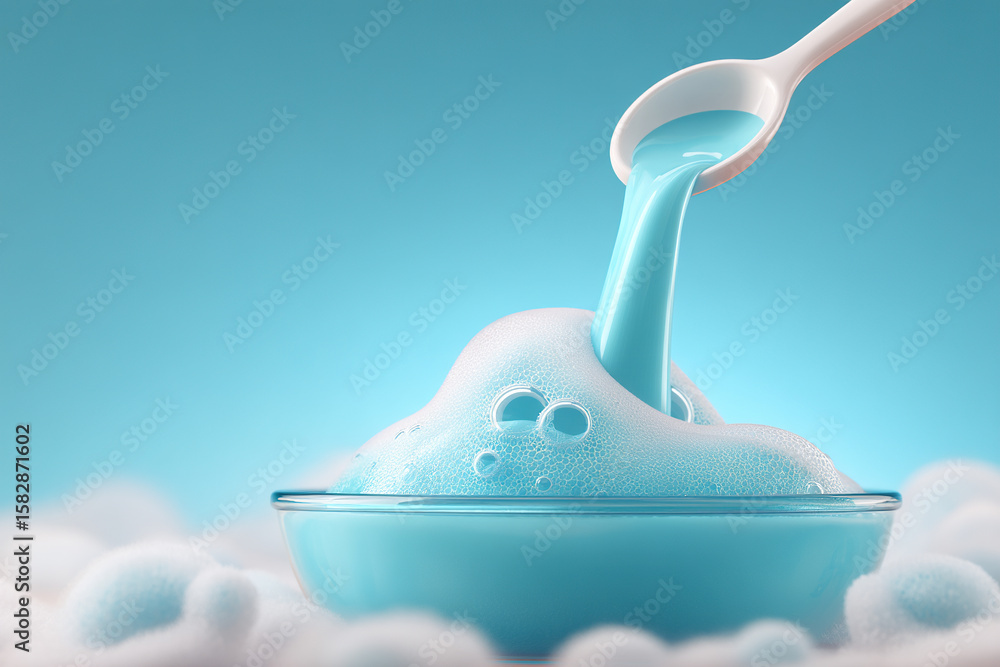 Poster a bowl of light blue liquid being poured into, creating a bubbly overflow, against a soft blue backg