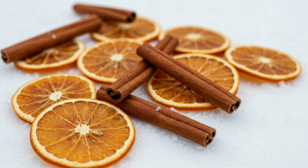 Dried Orange Slices and Cinnamon Sticks Arrangement for Festive Holiday Baking and Autumn-Inspired Still Life Composition, a Close-Up Shot with Textural Details
