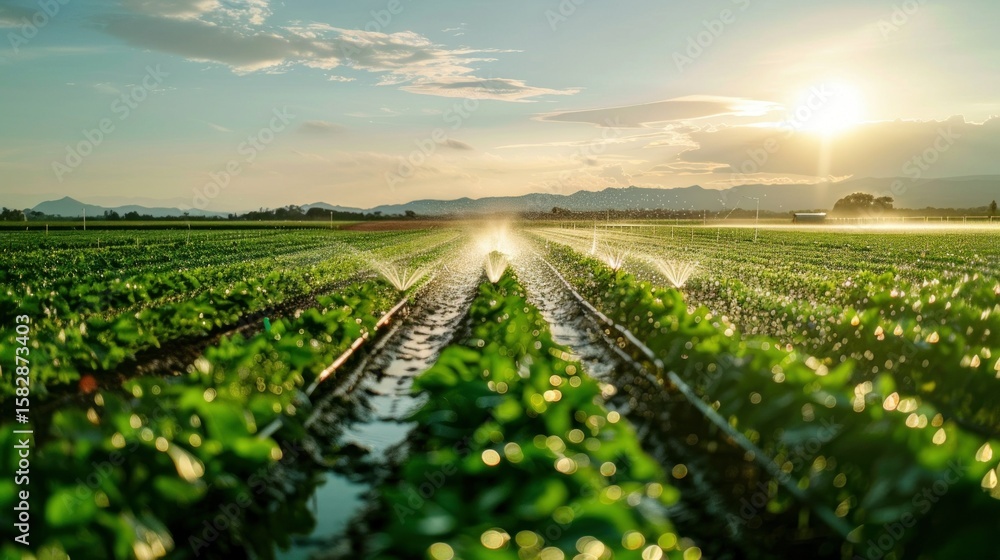 Poster automated irrigation system watering crops in a modern field stock photo --ar 16:9 --raw --v 6 job i