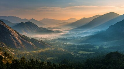 Fototapeta premium Majestic Mountain Valley Sunrise Panorama With Gentle Mist and Golden Light Descending Over Lush Greenery Background.