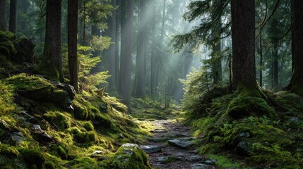 Obraz premium Sunbeams pierce a mossy forest path