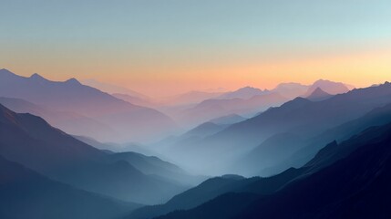 Obraz premium Majestic Mountain Valley Landscape Illuminated by Soft Sunrise Hues and Misty Layers Background.