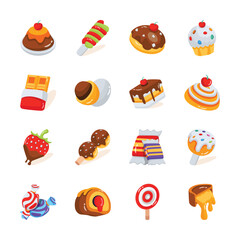 Get this handy collection showing chocolate and candy 2d style icons