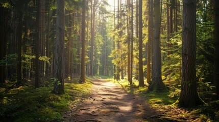 Obraz premium Dense forest path surrounded by tall trees and sunlight stock photo --ar 16:9 --raw --v 6 Job ID: 4539ccb0-4abc-45f2-96a2-d0369bbe4b97