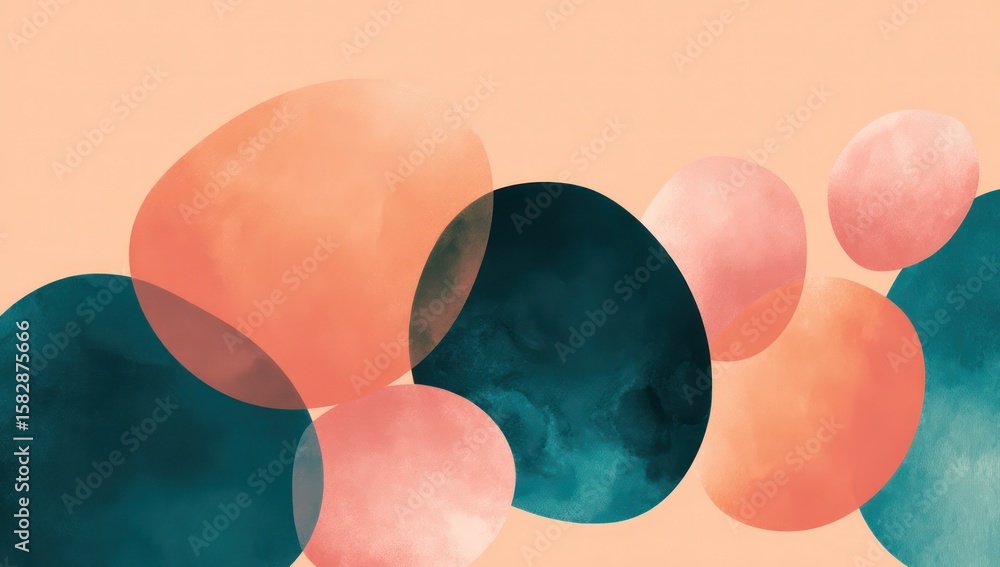 Poster liquid ovals in deep teal and soft pink gently float on a light orange background, creating balance.