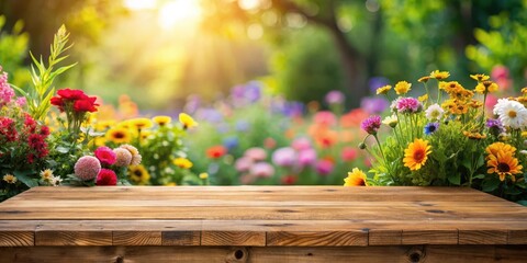 Wooden table surrounded by vibrant flowers in a serene garden setting with blurred background