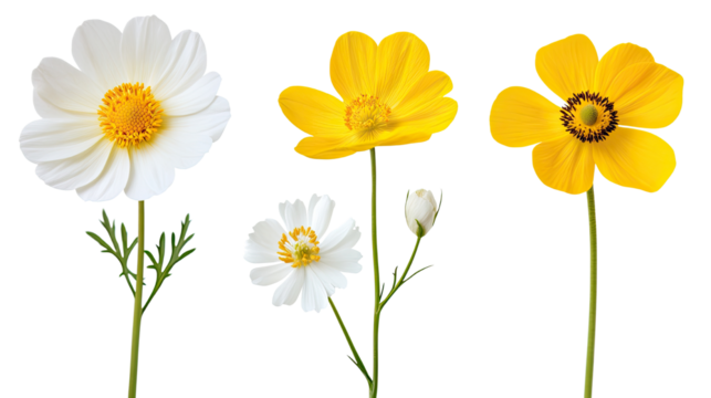 a set of yellow and white wildflowers on white background