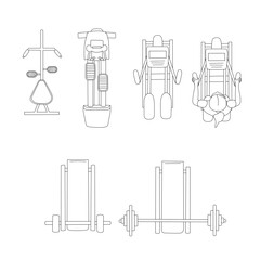 Vector Top View of Gym Scene with Exercising People and Workout Machines — Fitness Room Elements