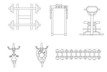 Vector Top View of Gym Scene with Exercising People and Workout Machines — Fitness Room Elements