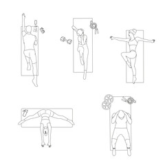 Top View Vector Set of People Working Out in Gym with Fitness Equipment — Gym Layout Illustration