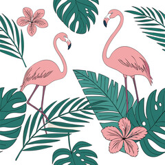 Fototapeta premium Seamless pattern with pink flamingos and flowers, a tropical vector illustration of love birds in nature