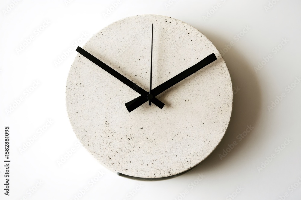 Poster minimalist clock crafted from concrete, featuring sleek black hands on a textured surface, emphasizi