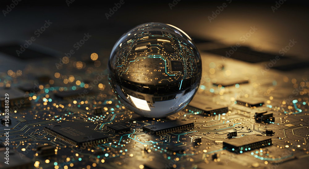 Poster abstract technological sphere resting on a luminous printed circuit board showcasing the intricacies