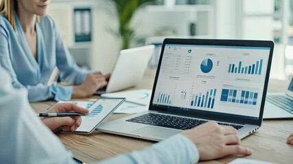 Team collaborates on analysis of performance metrics and data visualizations to improve business strategies and outcomes - Powered by Adobe