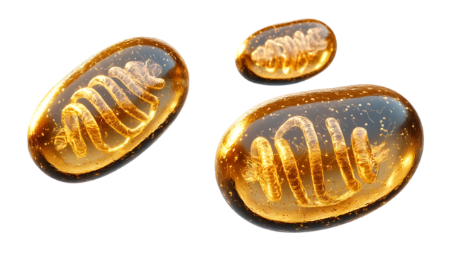 Transparent golden mitochondria 3d rendering.png