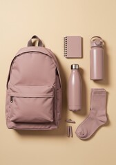 Dusty rose backpack, water bottle, notebook, and socks laid out on a beige surface.