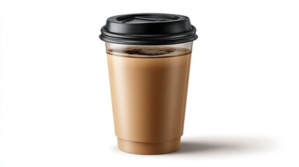 Clear plastic disposable coffee cup filled with creamy beverage and black lid