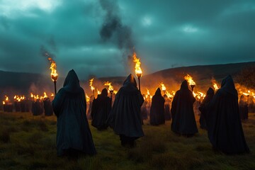 Members of a cult walking through a field at dusk, holding flickering torches while performing an esoteric ritual under a darkening sky