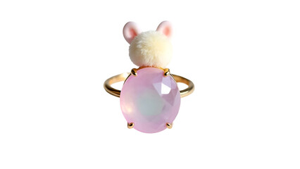 Kawaii Ring with Bunny Ears and Pastel Gemstone Isolated on White