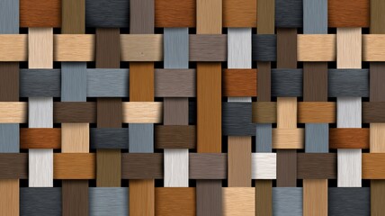 Wooden basket weave pattern with natural texture and warm tones creating geometric abstract design, evoking cozy and rustic feeling in seamless arrangement
