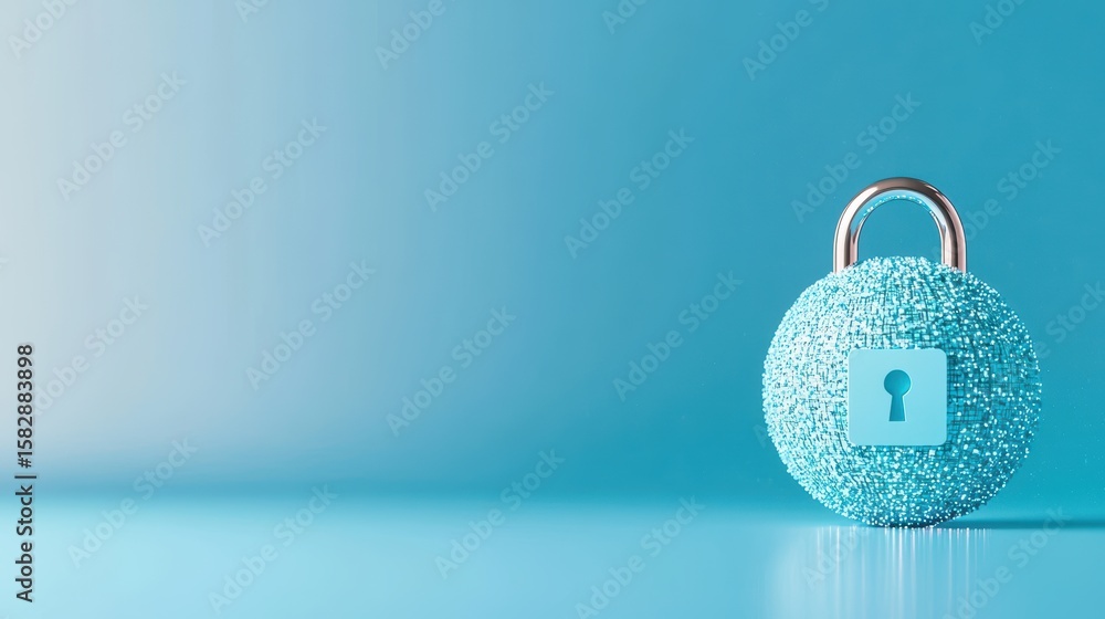 Poster security risk protection concept of a secure lock hovering over a digital globe, representing global