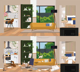 Dirty and clean room. Room before and after cleaning. Flat graphic, vector illustration