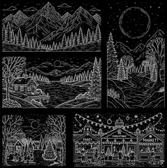 A collection of five monochrome, chalk-style illustrations depicting various serene winter and Christmas scenes, including snowy mountain landscapes, lakeside cabins, and festive Christmas markets 