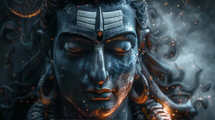 Cosmic portrait of Hindu god Lord Shiva in blue aura with fierce divine expression and glowing background, symbolic digital art