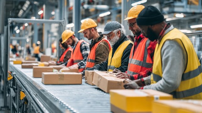 Group of diverse industrial workers in safety vests and helmets loading parcels at warehouse, team coordination and labor concept