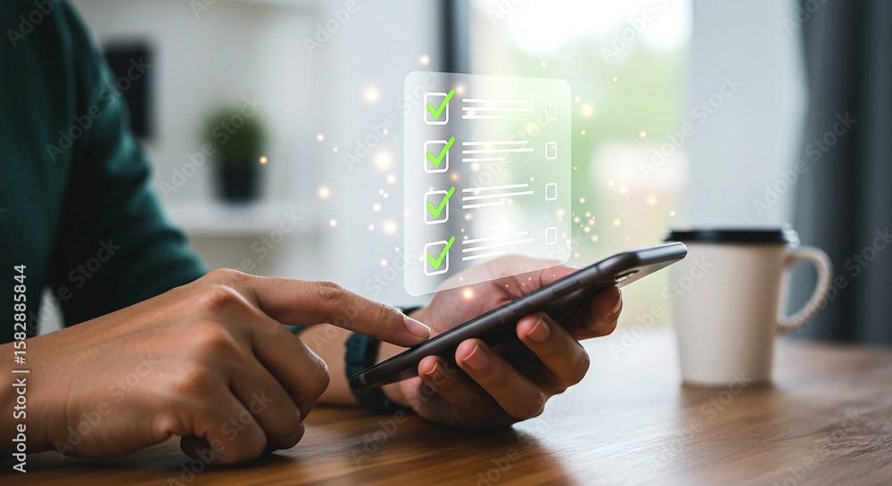 Poster mobile task management: captivating shot of a hand expertly navigating a smartphone to manage tasks 