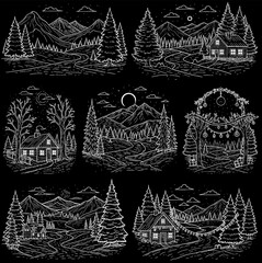 A collection of six monochrome, chalk-style illustrations depicting various serene winter and Christmas landscapes