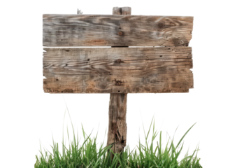 old wooden sign with grass for text copy space isolated on white or transparent png